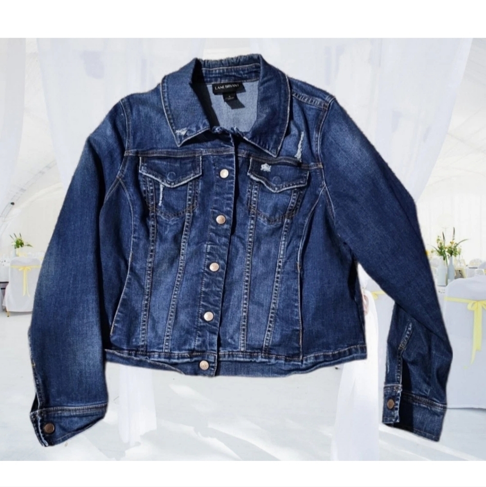 Lane Bryant Jean Jacket Vtg Y2k Womens L Blue Denim Preppy Trucker Grunge Coat